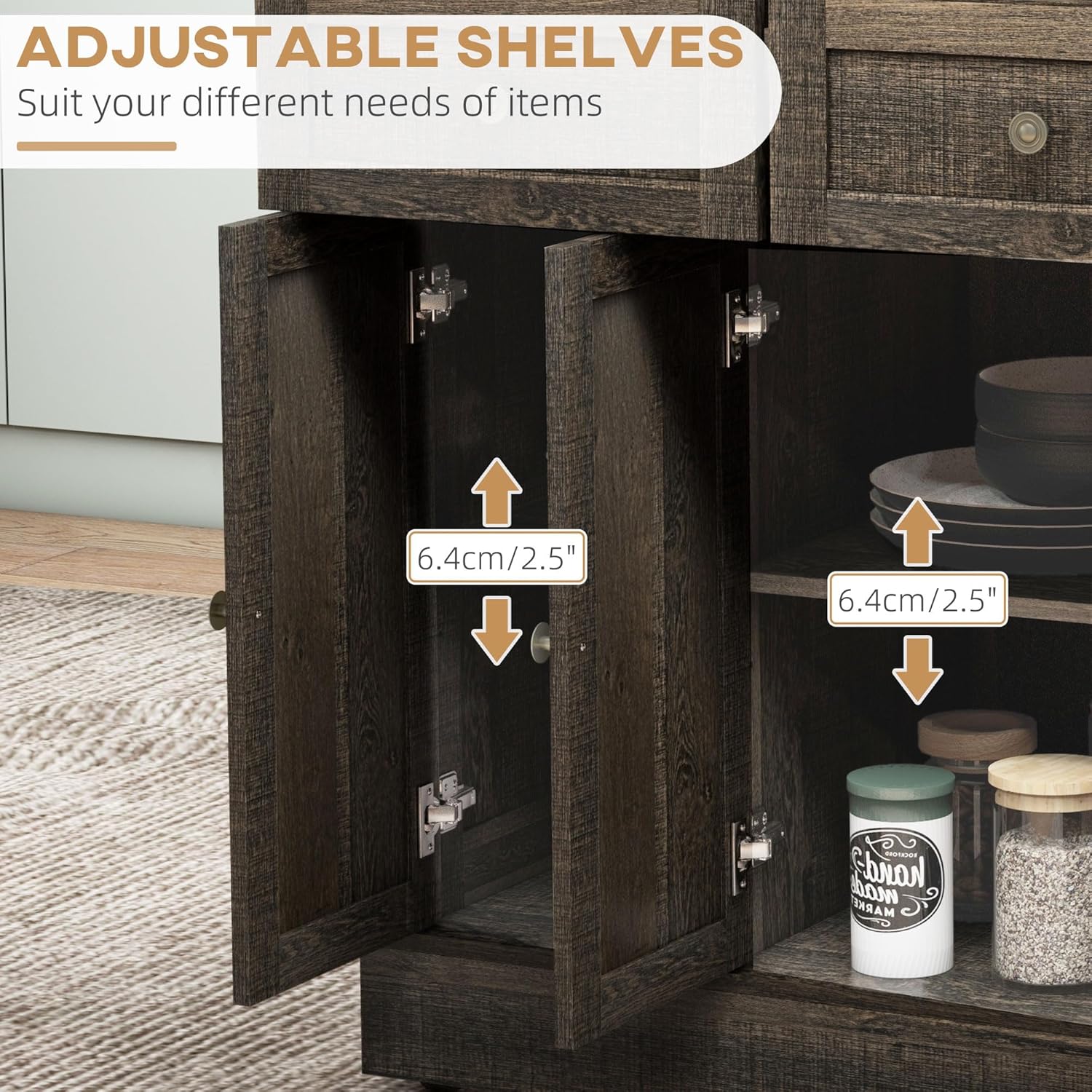 Triple-Cabinet Kitchen Island on Wheels, Kitchen Storage Cabinet with Drawers & Countertop, Rolling Utility Cart with Wood Top, Towel Rack, Spice Stand, Distressed Brown