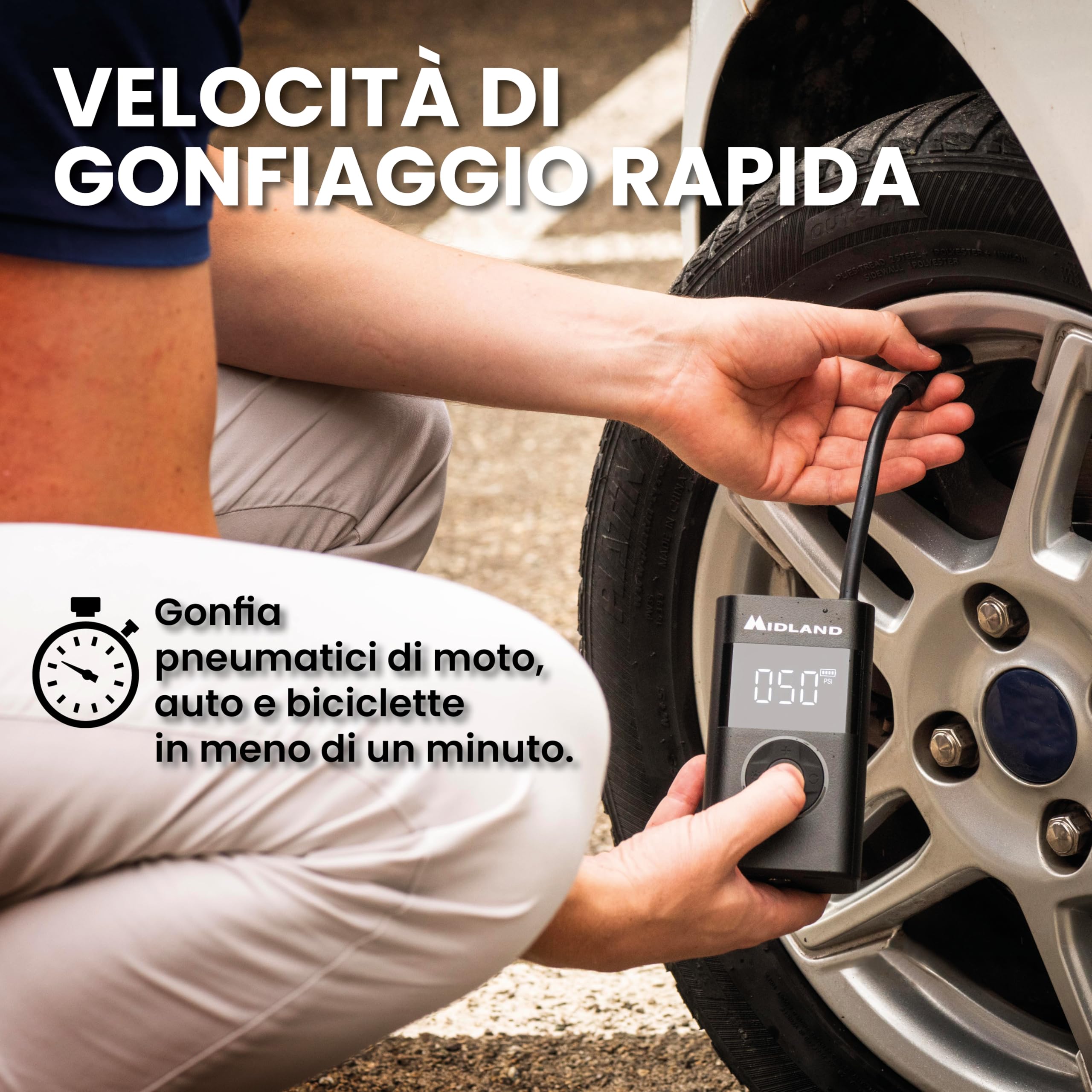 Midland - ENERPUMP | Compressore d'aria portatile 150 PSI/10 Bar, Batteria 4000 mAh+Batteria esterna, Gonfiaggio rapido Moto, Bicicletta, Auto, Palloncini, Materasso