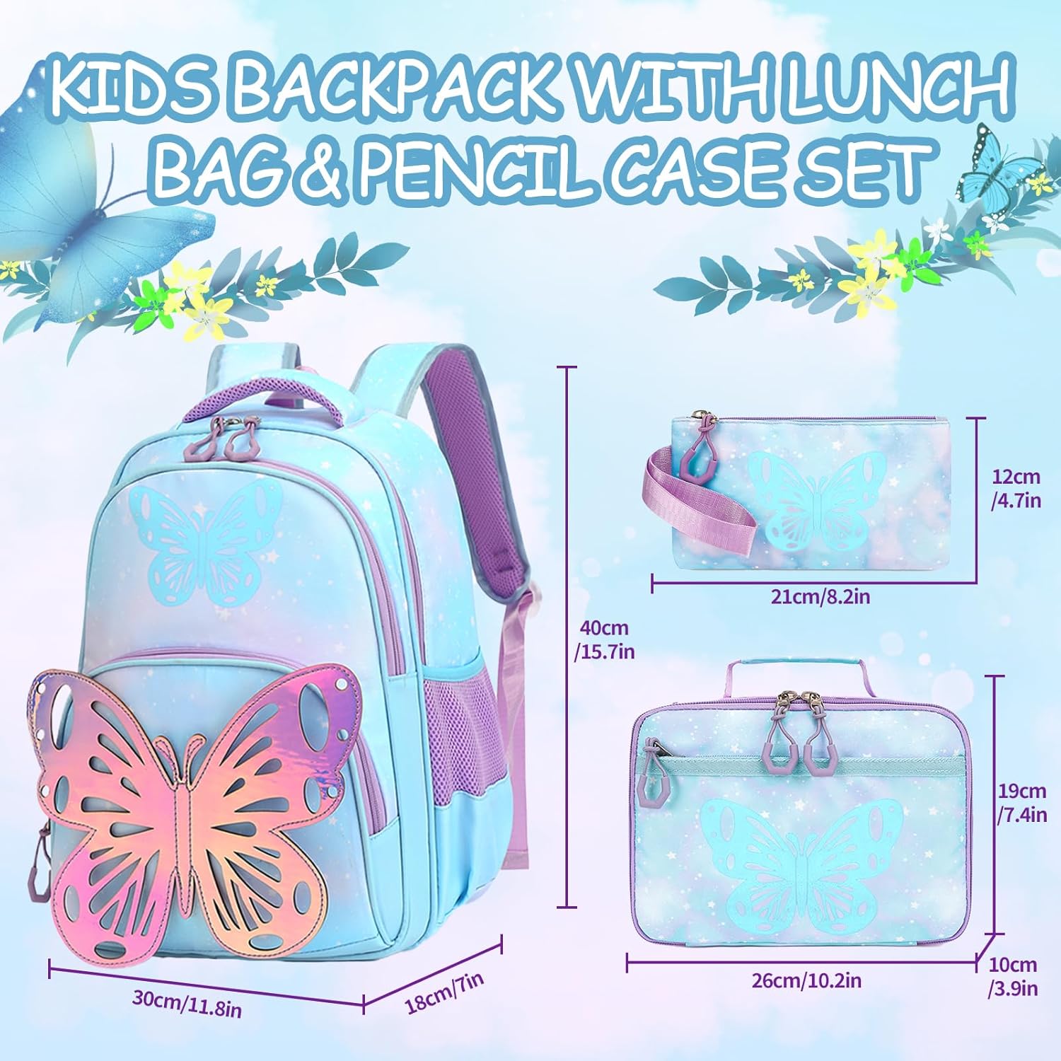 Kids Backpack for Girls, 3Pcs Butterfly Wings School Backpacks Lunch Box Pencil Case Preschool Lightweight for Girls Age 4-6 (Blue) - Image 3