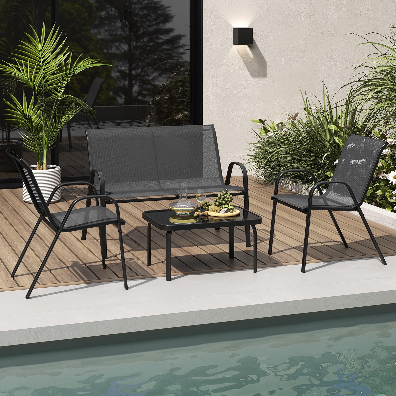 COSTWAY 4-teilige Gartenmöbel Set, Balkonmöbel, Terrassenmöbel, Sitzgruppe, Sitzgarnitur für 4 Personen, Gartengarnitur inkl. 2 Stühlen, Bank & Tisch, für Balkon, Terrasse, Garten (Grau)