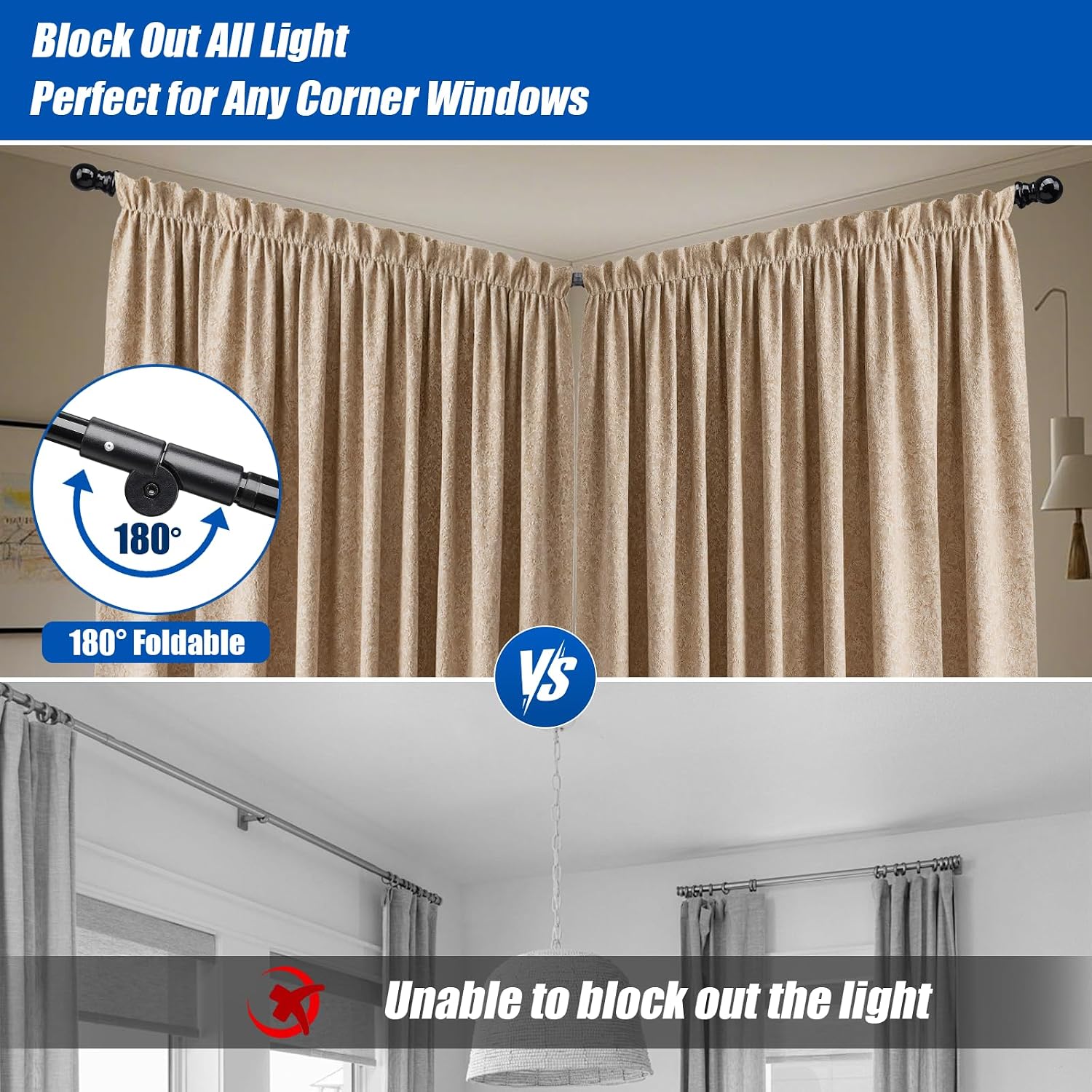 Corner Curtain Rod for Windows 30 to 136 Inches, Adjustable Heavy Duty 1 Inch Metal L Shaped Corner Window Curtain Rod with Brackets&Decorative End Drapery Rods for Bedroom, Living Room, Glossy Black