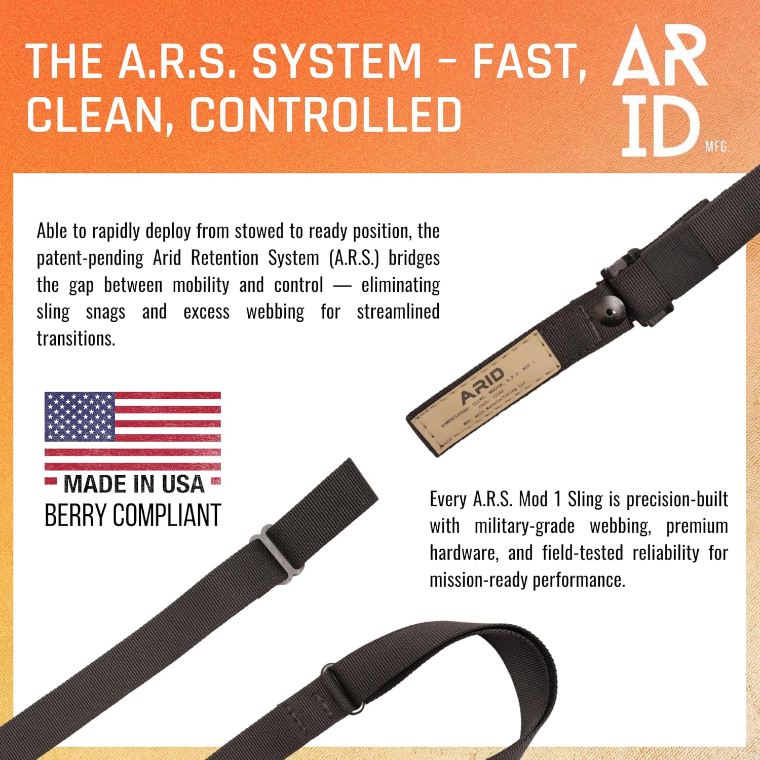A.R.S. Mod 1 Rifle Sling - Heavy Duty, Mil-Spec Hardware, Two-Point Tactical Design, Rapid Adjustment - Made in USA, Berry Compliant