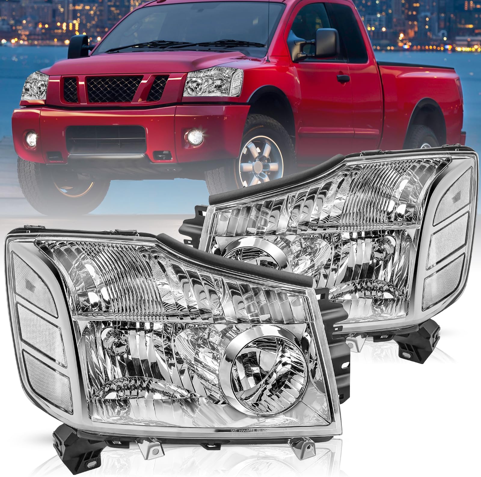 Bingbingmotor Headlight Assembly Compatible with 2004-2015 Nissan Titan / 2005-2007 Armada Left and Right Side Chrome Housing with Clear Reflector Headlamps