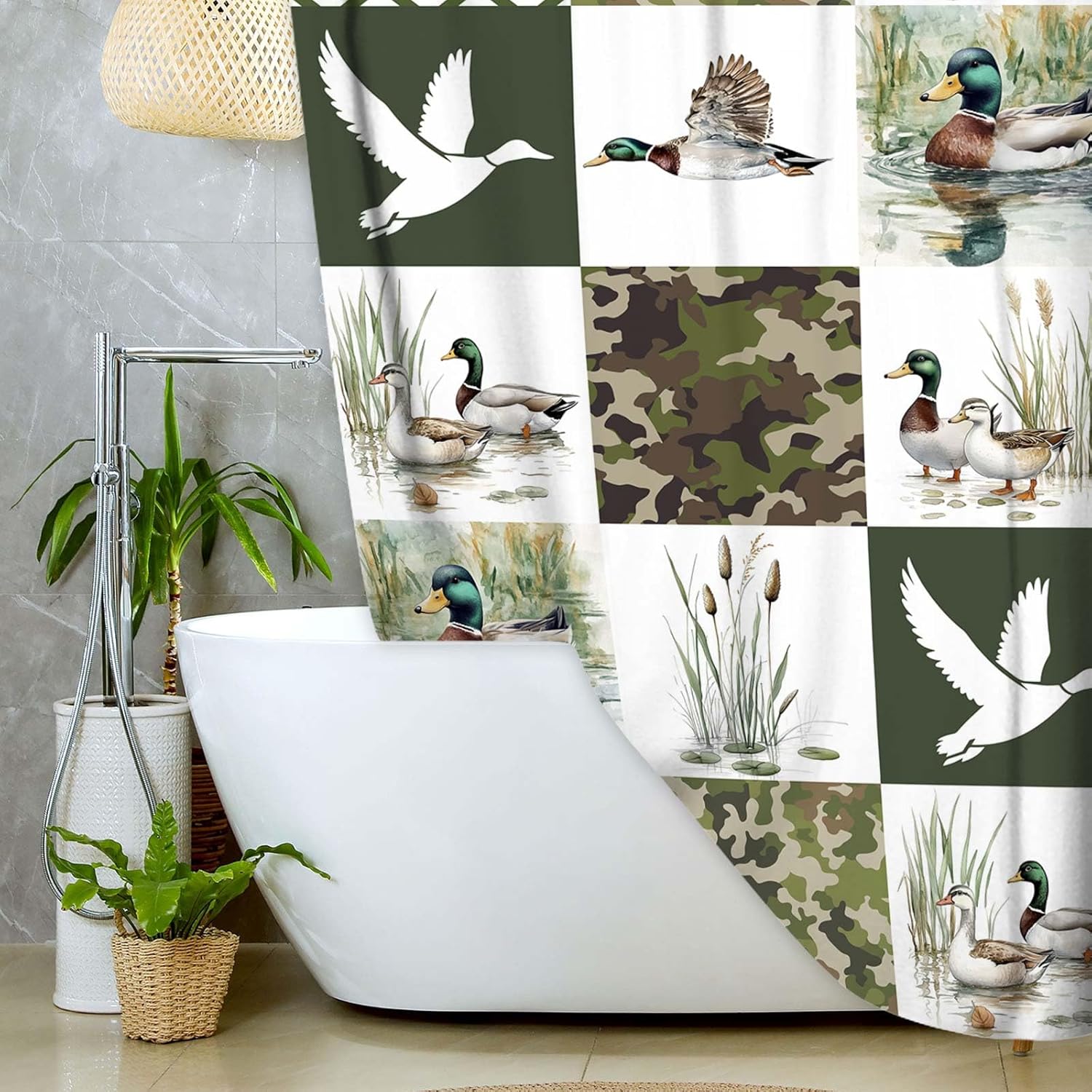 JAWO Mallard Duck Shower Curtain Hunting Theme Wild Animal Bath Curtains Set Cabin Duck Patch Print Neutral Bathroom Decor for Boys Girls Waterproof Fabric Shower Curtains with Hooks