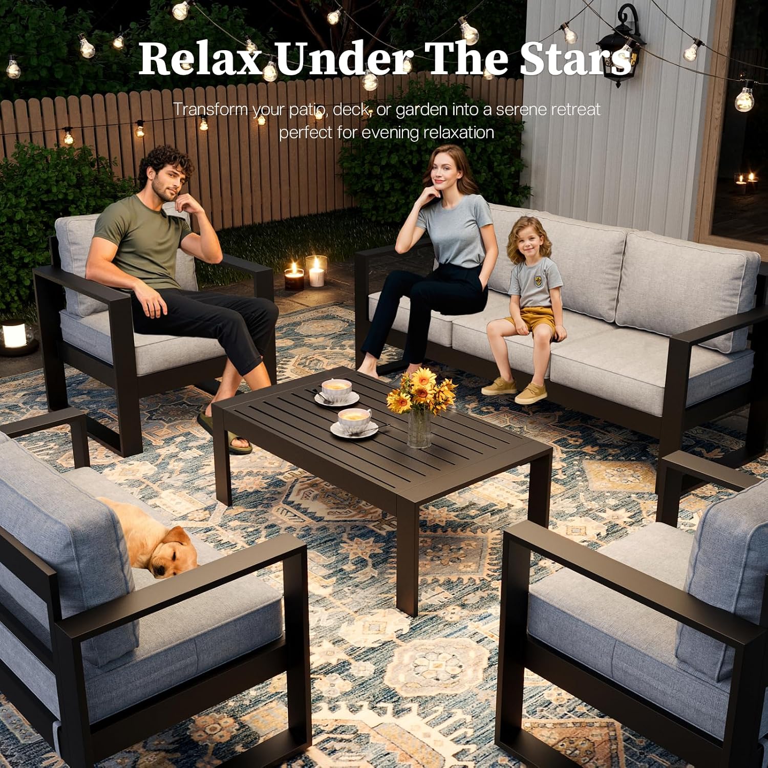 4 Piece Modern Aluminum Patio Furniture Set, Outdoor Patio Sectional Conversation Metal Seating Sets with Olefin Cushion and Coffee Table