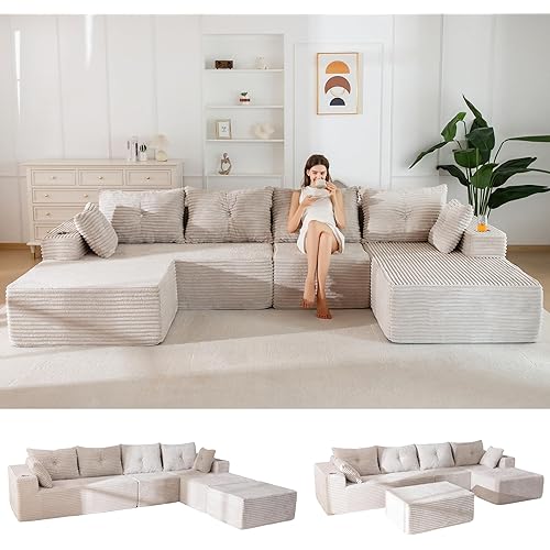 MAXYOYO 132" Giant U-Shaped Modular Sectional Couch, Modern Boneless Couch for Living Room, Sofa in A Box, Oversized Sofa Sleeper with Deep Seat, No Assembly Required, Grayish Beige