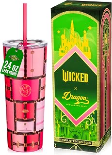 Dragon Glassware x WICKED Vacuum Insulated Tumbler with Lid and Straw - 24 oz Tumbler Cup with 2 Straws - Stainless Steel Tumbler with Straw for Water, Iced Tea - Wicked Glinda Tumbler