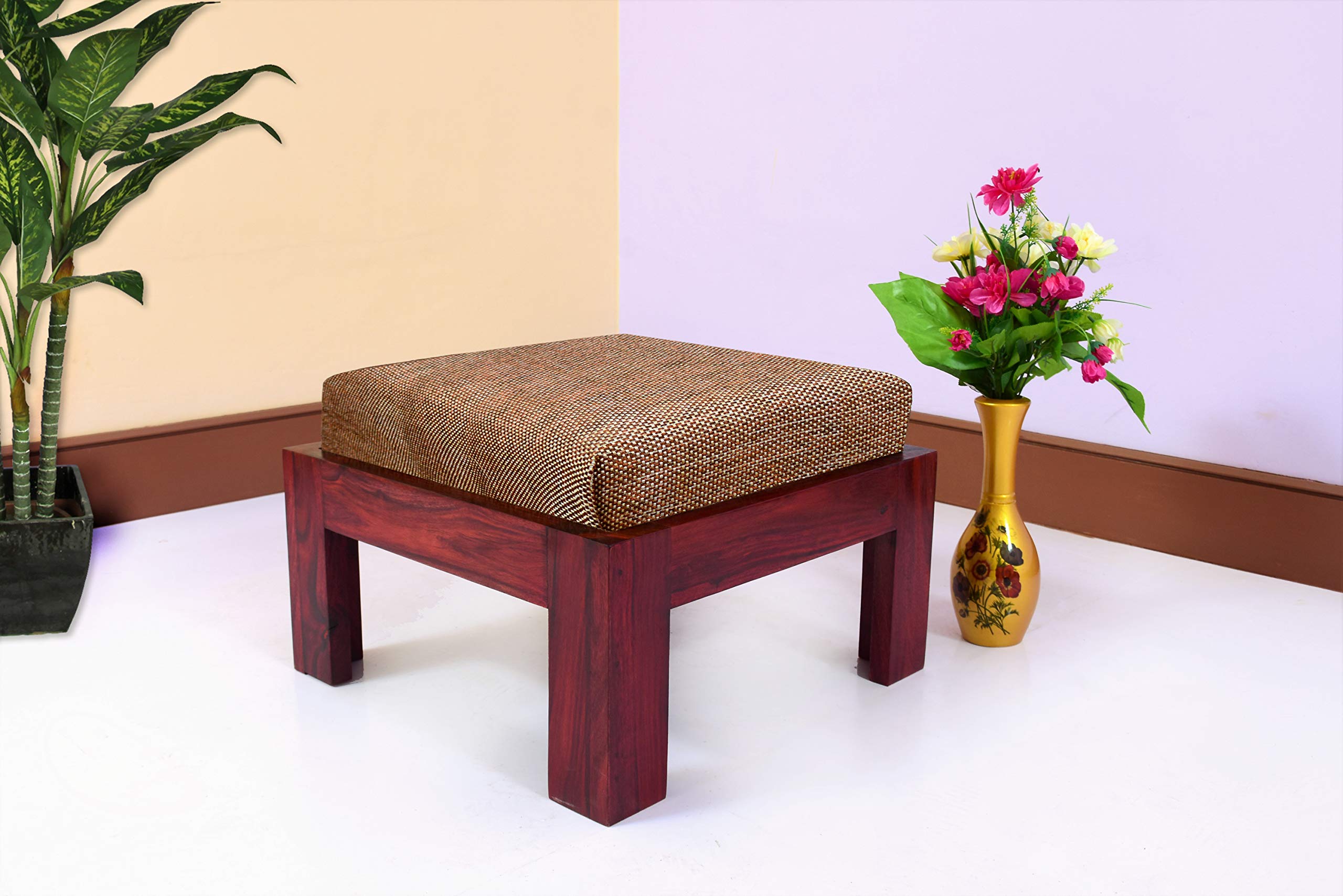 Mahogany Finish Sheesham Wood Ottoman Foot Stool for Kitchen Living Room Home Solid Wood Sitting Stool with Cushion for Garden Outdoor Wooden Furniture (Mahogany Finish)