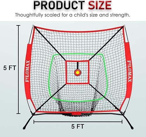 Miniatura 2 de Red de práctica de béisbol y sóftbol de 5 x 5 pies con zona de ataque roja y objetivo  Red de entrenamiento de béisbol y softbol juvenil para golpe,