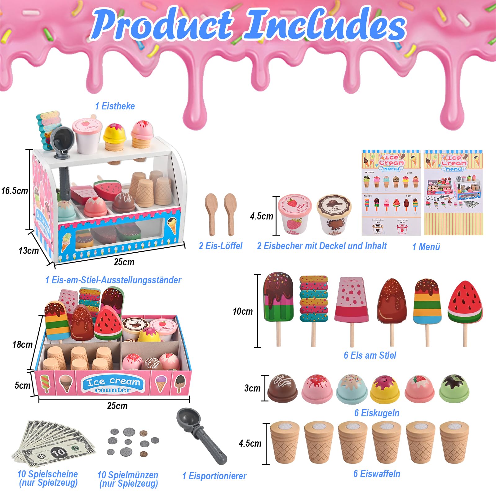 Wooderma Eisdiele Kinder Holz, Kinderküche Zubehör, Eisladen Kinder Holz, Kaufladen Rollenspiele, Holzspielzeug Spielküche Zubehör, Eiscreme Einkaufsladen, Montessori Spielzeug, Geschenk ab 3 Jahren