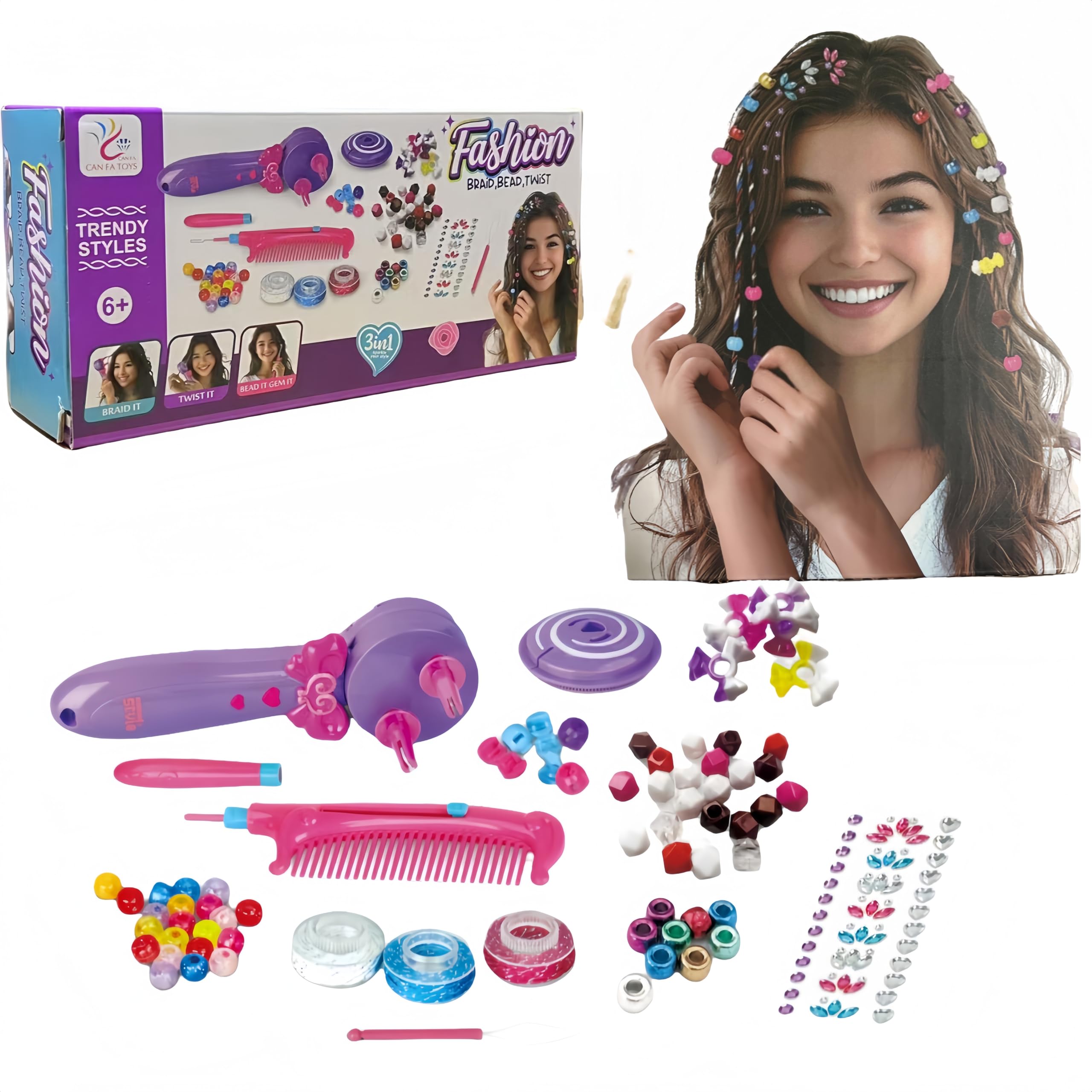 Hair Braider for Girls, Automatic Hair Braider Hair Beads for Girls, Hair Styling Kit Girls Hair Braider Tool, with Hair Beads, Ropes and Shining Stickers AA Battery not Included