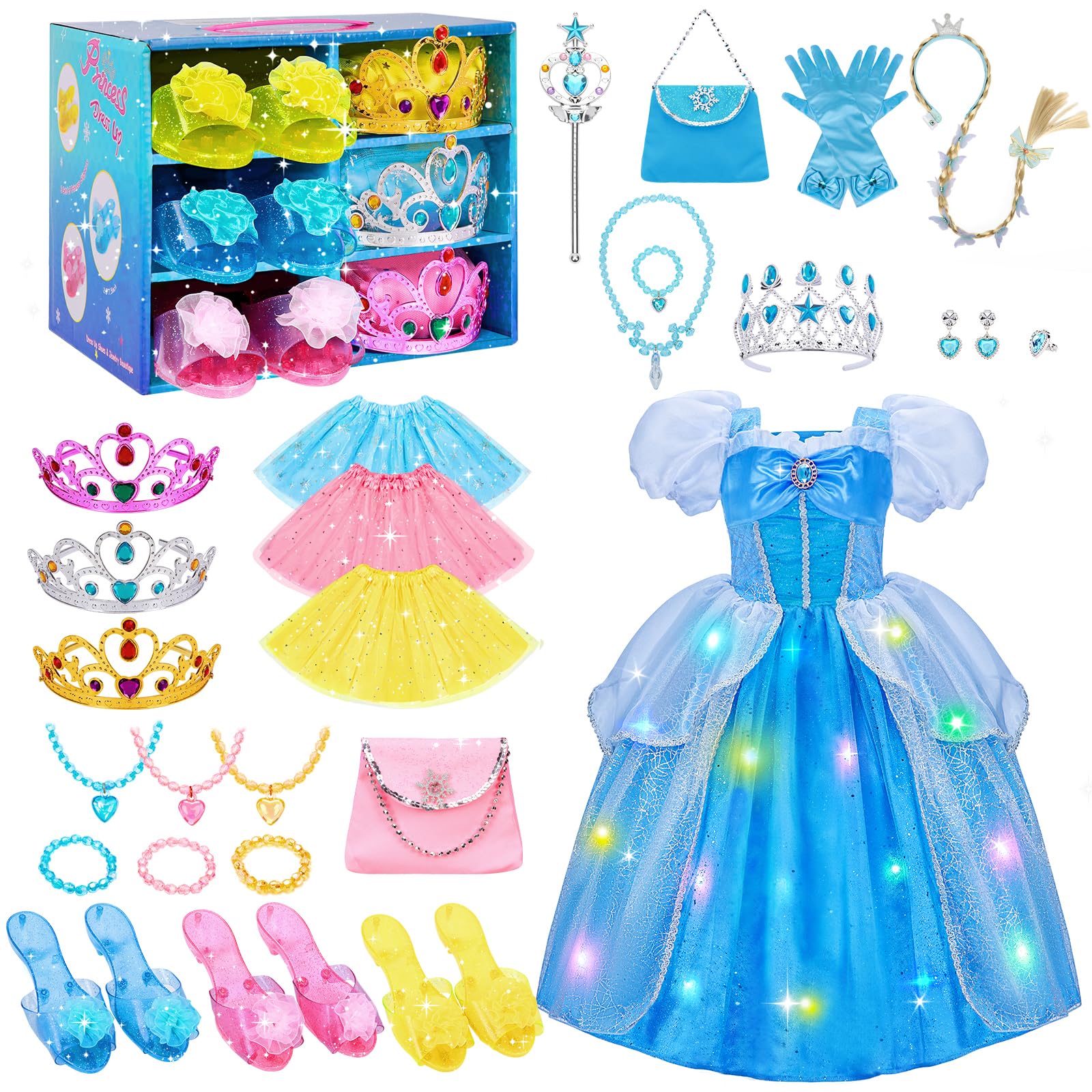 Meland Princess Dress Up Shoes Trunk Set for Girls, Light Up Princess Dress,Dress Up Heels, Jewelry & Accessories Storage Case, Pretend Play Costume Gift for Girls
