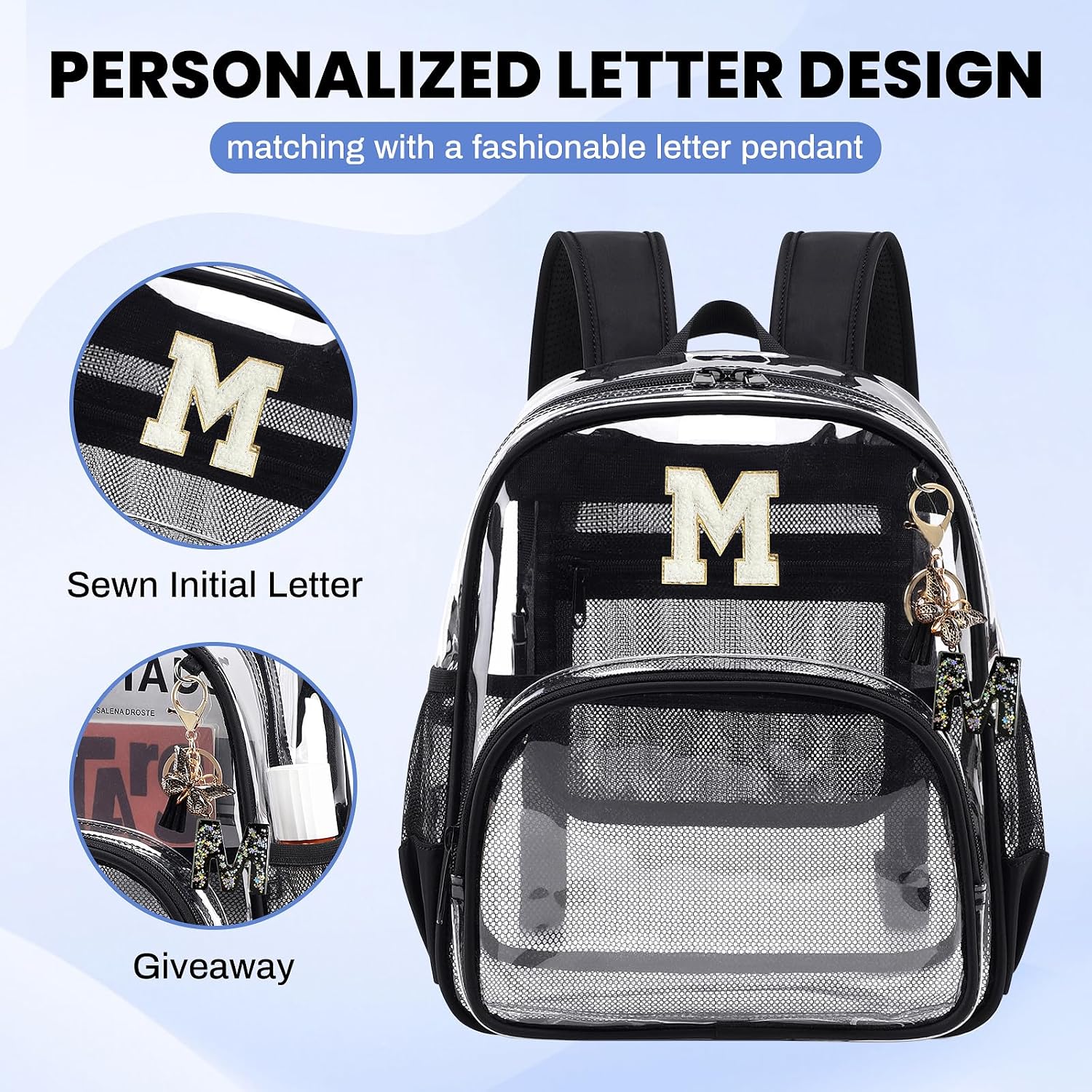  Clear Backpacks for Stadium Events Approved 12×6×12 Clear Bookbag for Women Mini Transparent Letter Back Pack, Black, Letter-M thumbnail