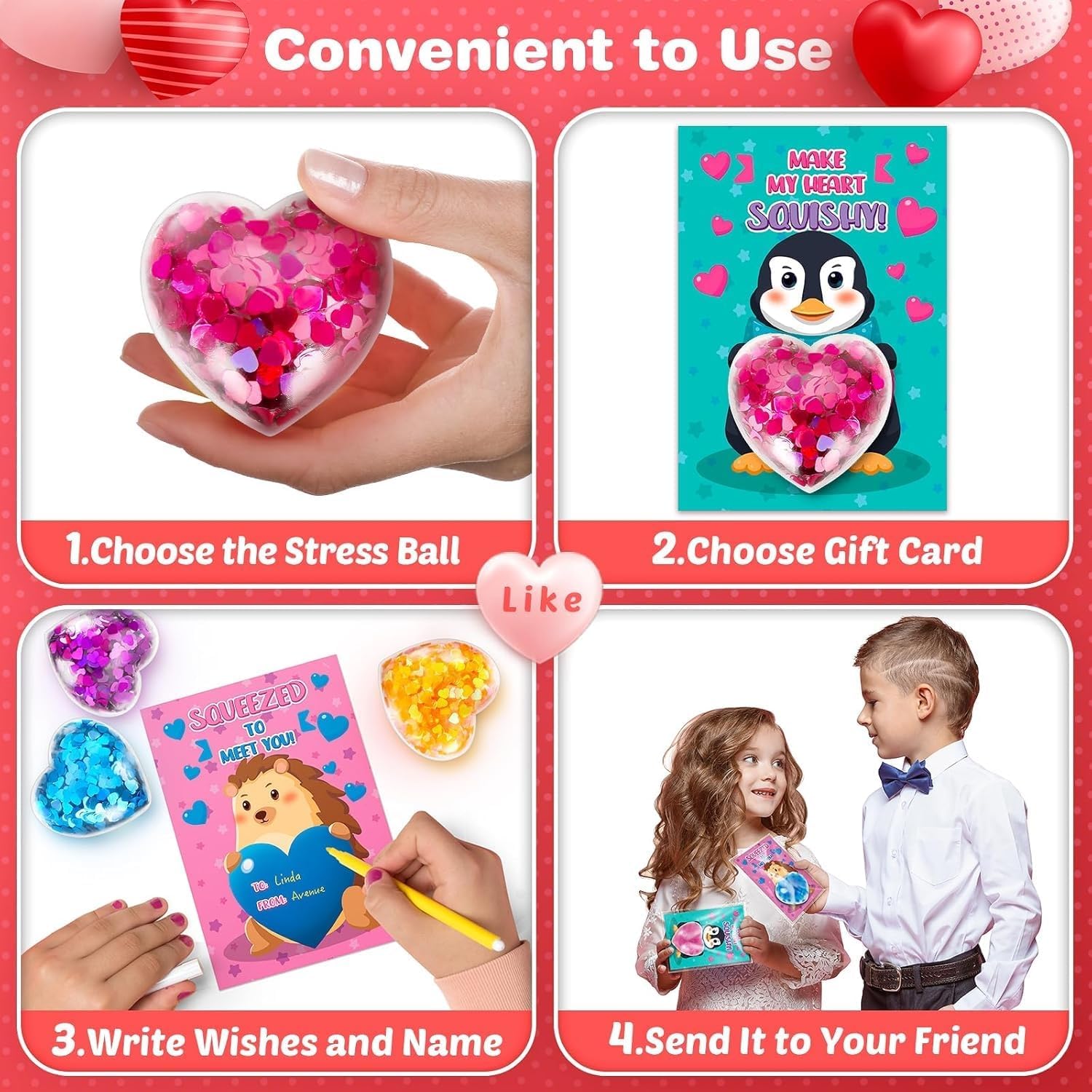 Valentines Day Gifts for Kids, 24 Packs Heart Stress Balls, Valentines Day Cards for Kids School Classroom Prize Exchange, Squeeze Toys Goodies Bag Stuffers, Valentines Party Favors for Boys Girls