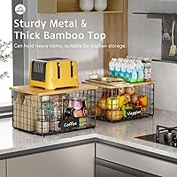 Vista 2 de Paquete de 2 cestas de alambre apilables con tapa de bambú para organizadores y almacenamiento de despensa, cesta de organización de cocina XXL