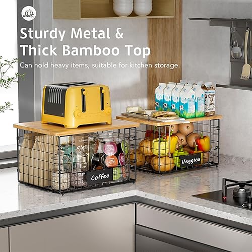 Miniatura 2 de Paquete de 2 cestas apilables de alambre con parte superior de bambú para organizadores y almacenamiento de despensa, cesta XXL para almacenamiento