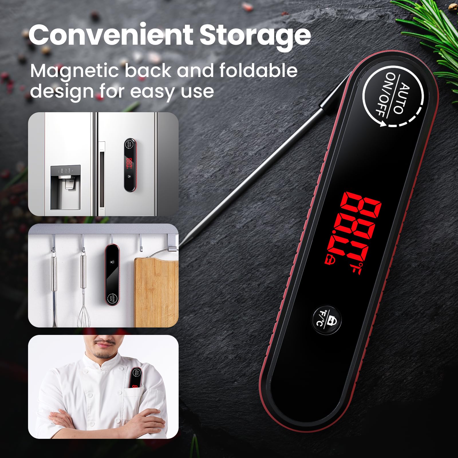 Termometro digitale per carne, 0,3 s, lettura istantanea, con display a LED rotante automatico e funzione di calibrazione, retro magnetico per cucinare, grigliare, barbecue, affumicatore