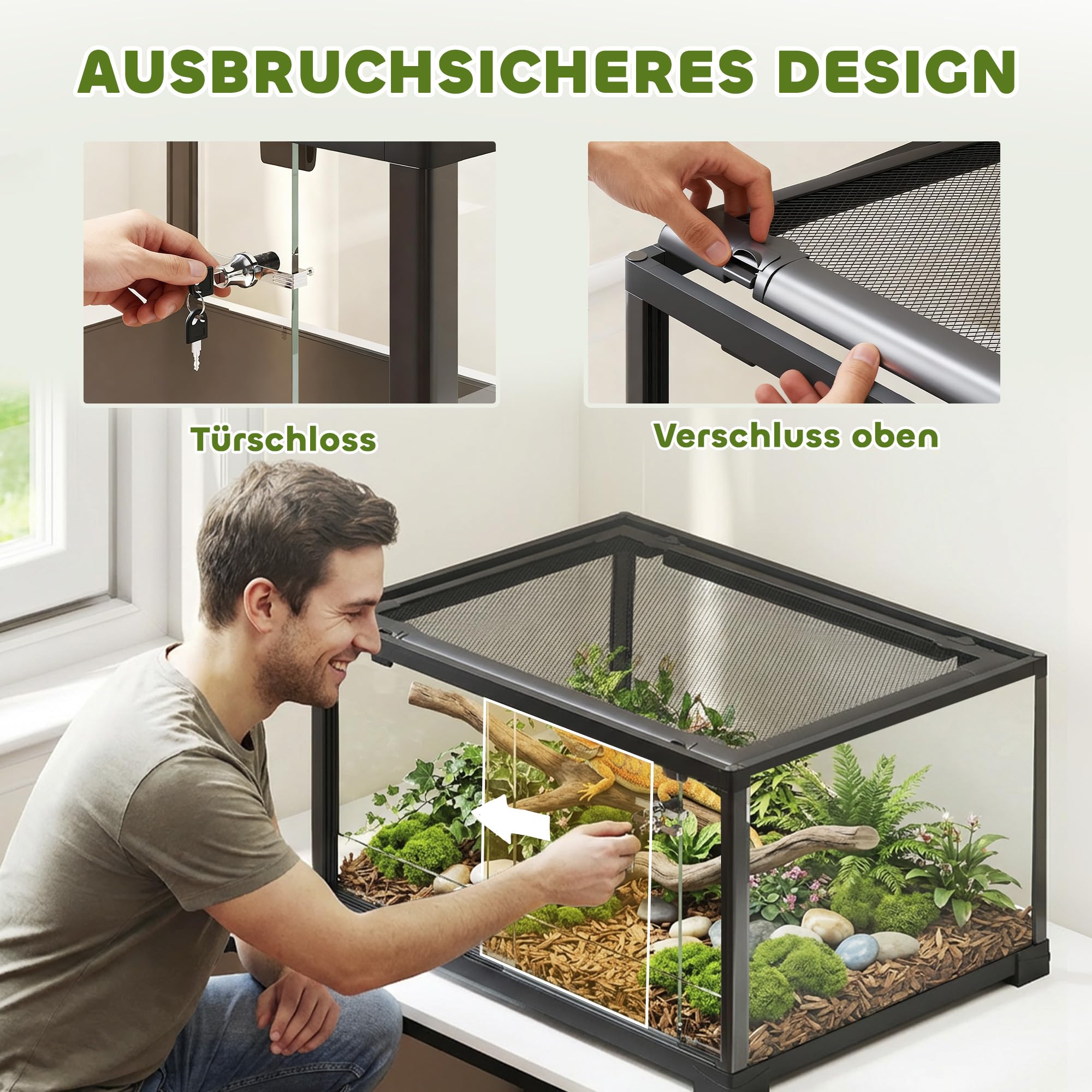 PawHut Terrarium für Reptilien mit Schiebetür Schwarz 60 x 45 x 32 cm | Glasterrarium, Reptil Fütterungsbox, Ausbruchsicherer Verschluss, für Springspinnen, Eidechsen, Schnecken