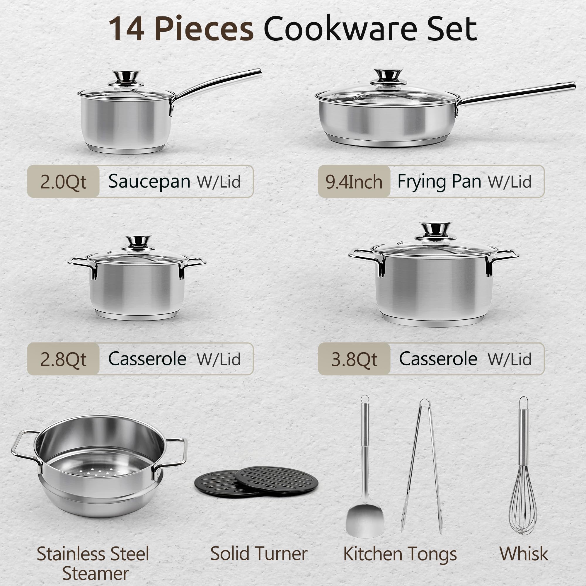 Lot De 14 Casseroles Et Poêles Inox - Compatible Induction, Gaz, Électrique | Poignées Froides + Ustensiles + Protège-Casseroles | Lave-vaisselle