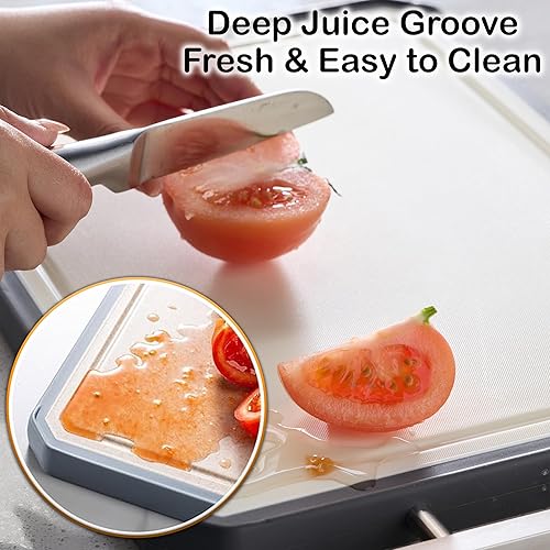 Miniatura 6 de BUYALLNYC Tabla de cortar de acero inoxidable para cocina - (16" x 11") Grande de doble cara de aceropaja de trigo PP tabla de cortar para carne,