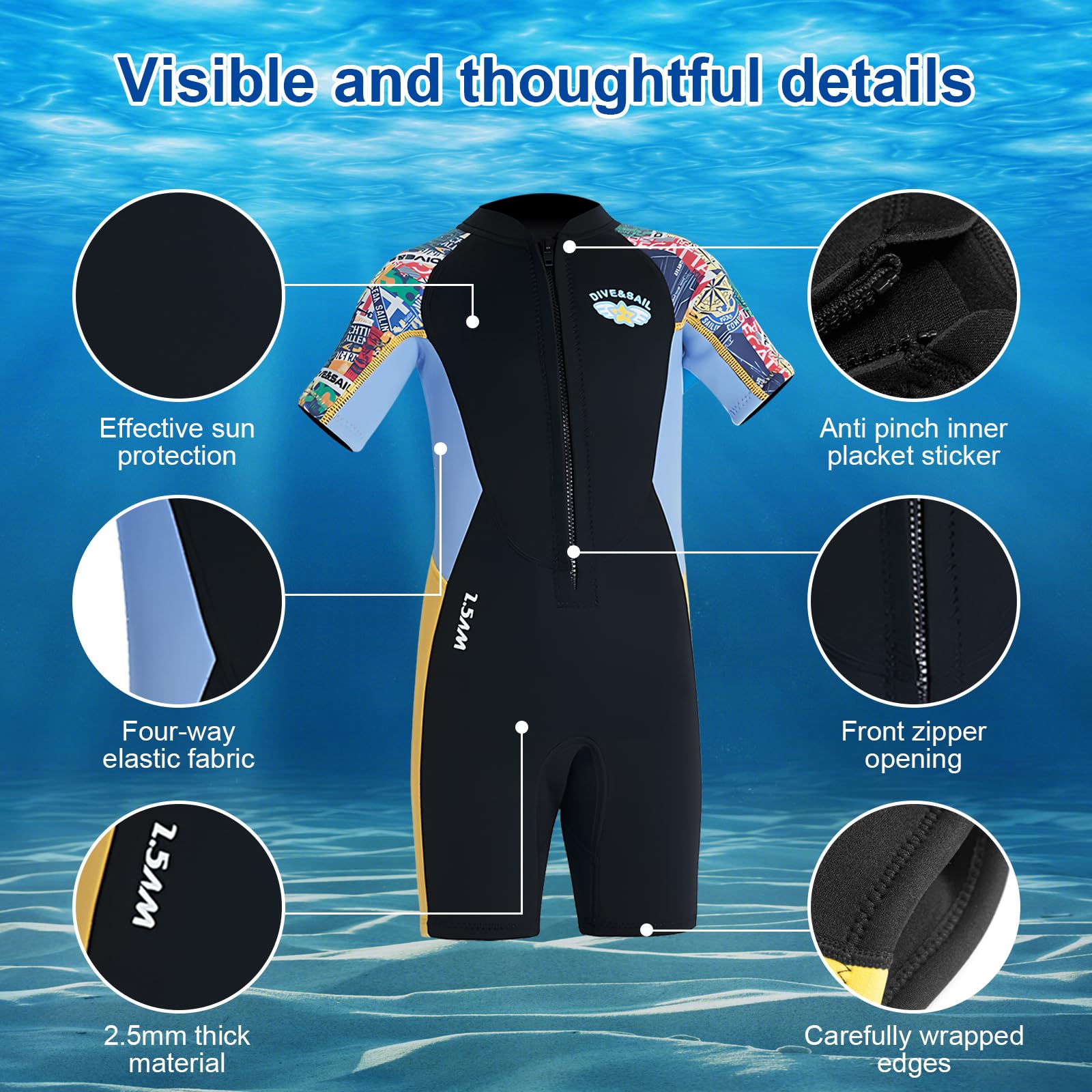 Kinder Kurzer Neoprenanzug 2.5mm Kurzärmeliger Taucheranzüge Surfen Kinder Shorty Badeanzug, Kids Schnorchelanzug Einteiler Bademode Shorty Neoprenanzuge für Schwimmen Wassersport Jungen Mädchen