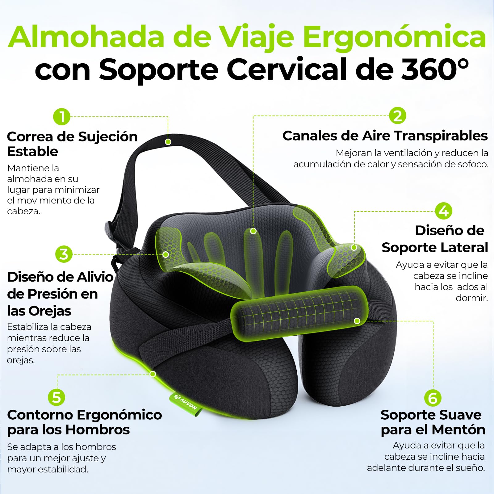 AUVON Almohada de Viaje Cuello con Soporte de Barbilla y Correas para Asiento de Avión, Estabiliza la Cabeza para Dormir Cómodamente, Cojín Cuello Viaje de Espuma Viscoelástica Transpirable