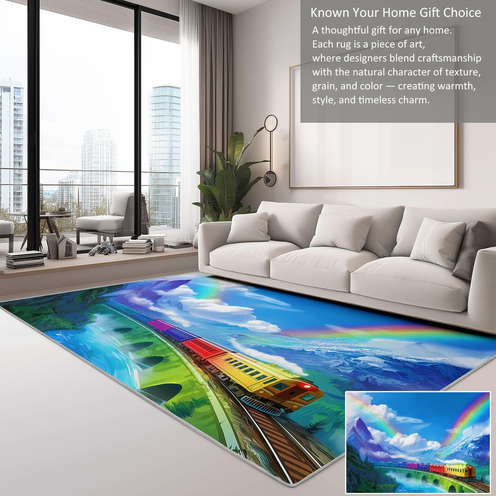 Alfombra lavable antideslizante 80 x 150 cm arte de juego, alfombra de pelo corto libro infantil ilustrado arcoíris tren para salón dormitorio oficina o habitación infantil corredor fácil de limpiar