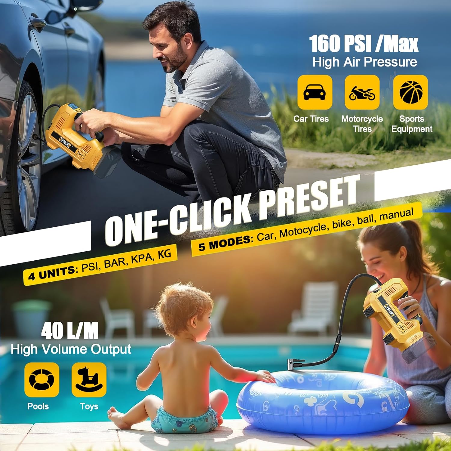 160PSI Cordless Tire Inflator Compatible with Dewalt 20V Air Compressor, Portable Air Pump Automatic Shut Off, LED Light, Digital Pressure Gauge for Cars Motorcycles Bike Ball(Bare Tool)