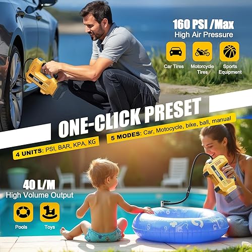 Miniatura 5 de Inflador de neumáticos inalámbrico de 160 PSI, compatible con compresor de aire Dewalt de 20 V, bomba de aire portátil de apagado automático, luz