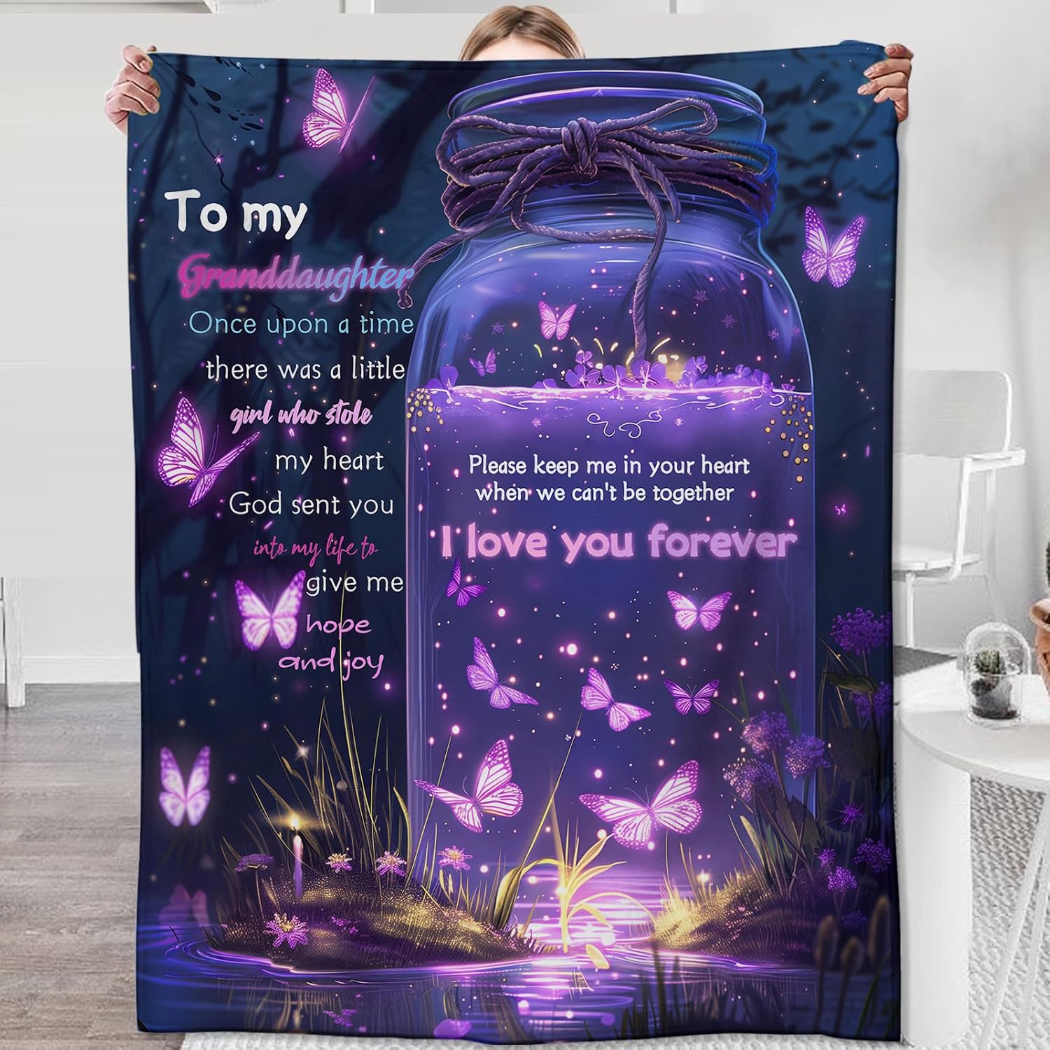 Granddaughter Blanket,Gifts for Her from Grandparent,Blessing Lightweight Flannel Throw Blankets,Dreamy Purple Butterfly Background Throws Home Decor,for Couch Living Room Office,60x50inch