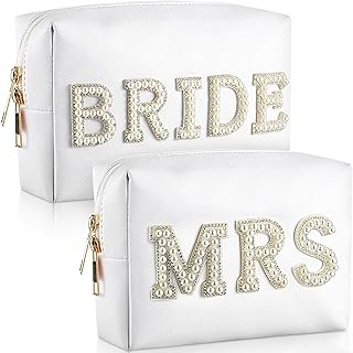 2 Pcs Bride Cosmetic Bags Bride and Mrs Letter Patch Makeup Bag with Pearl Rhinestone White Bride Travel Toiletry Bags PU Leather Waterproof Portable Purse for Wedding Party Bridal Shower