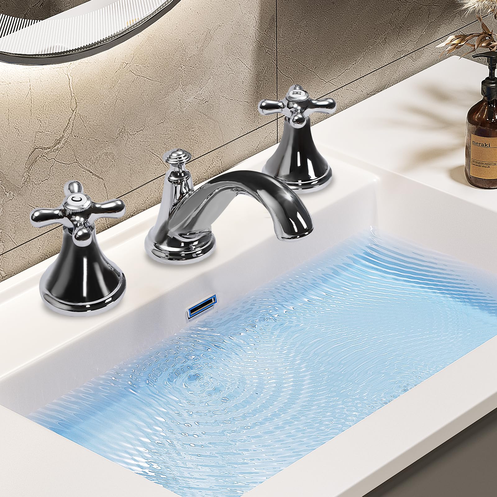 Rubinetto lavabo a 3 fori argento lavabo miscelatore con 2 maniglie, rubinetto per acqua calda e fredda