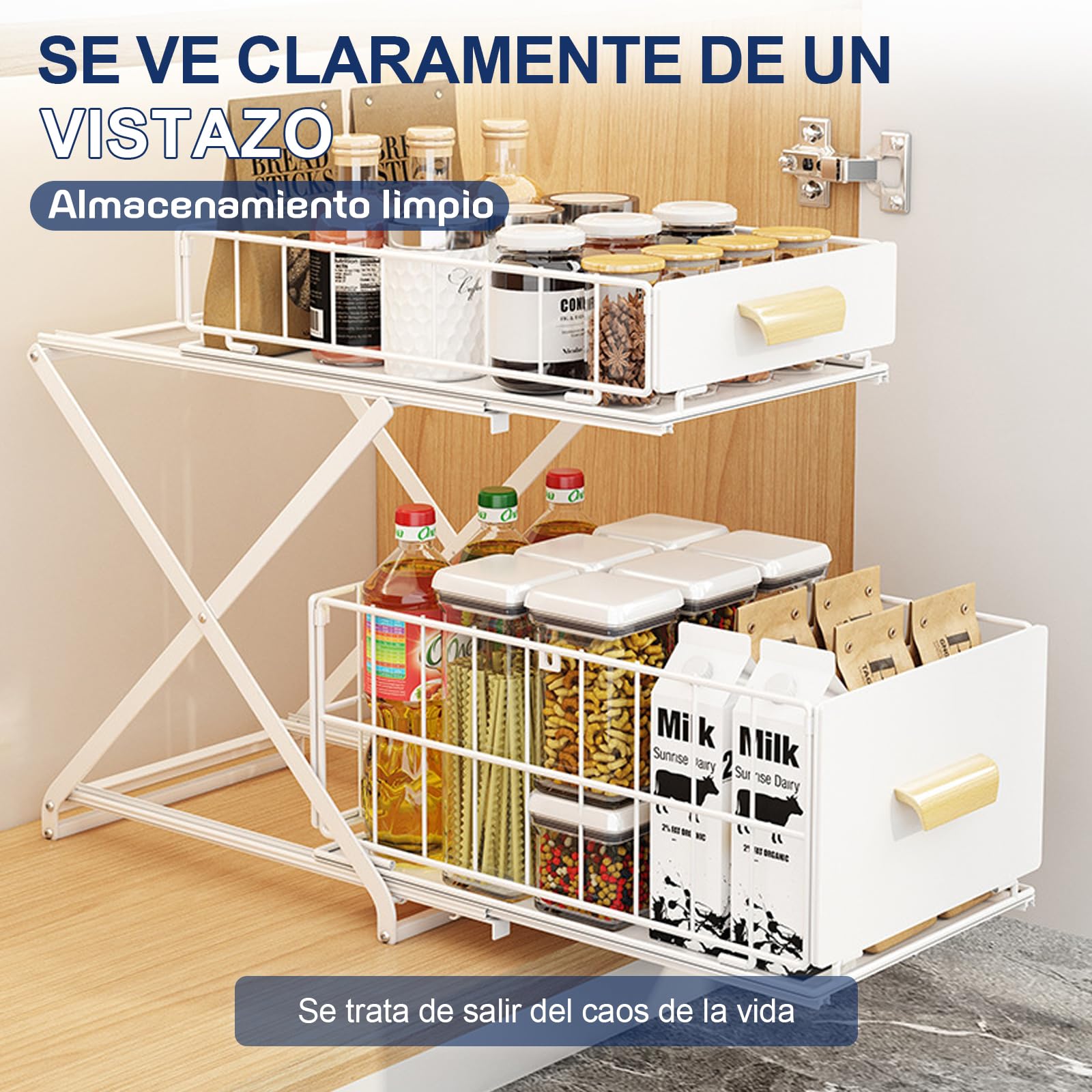 Estantería para especias, 2 niveles, encimera, cocina, organizador sin montaje, organizador extensible, espacio para especias y botellas (blanco)