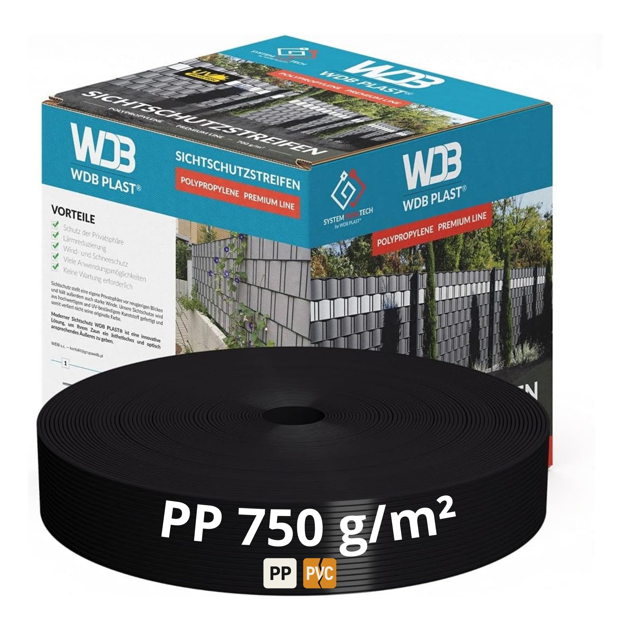 WDB - Sichtschutzstreifen für Doppelstabmatten Sichtschutz Zaun - 4,75 cm x 50 m - Hart PP Windschutz Premium Line - Schwarz - RAL 9005