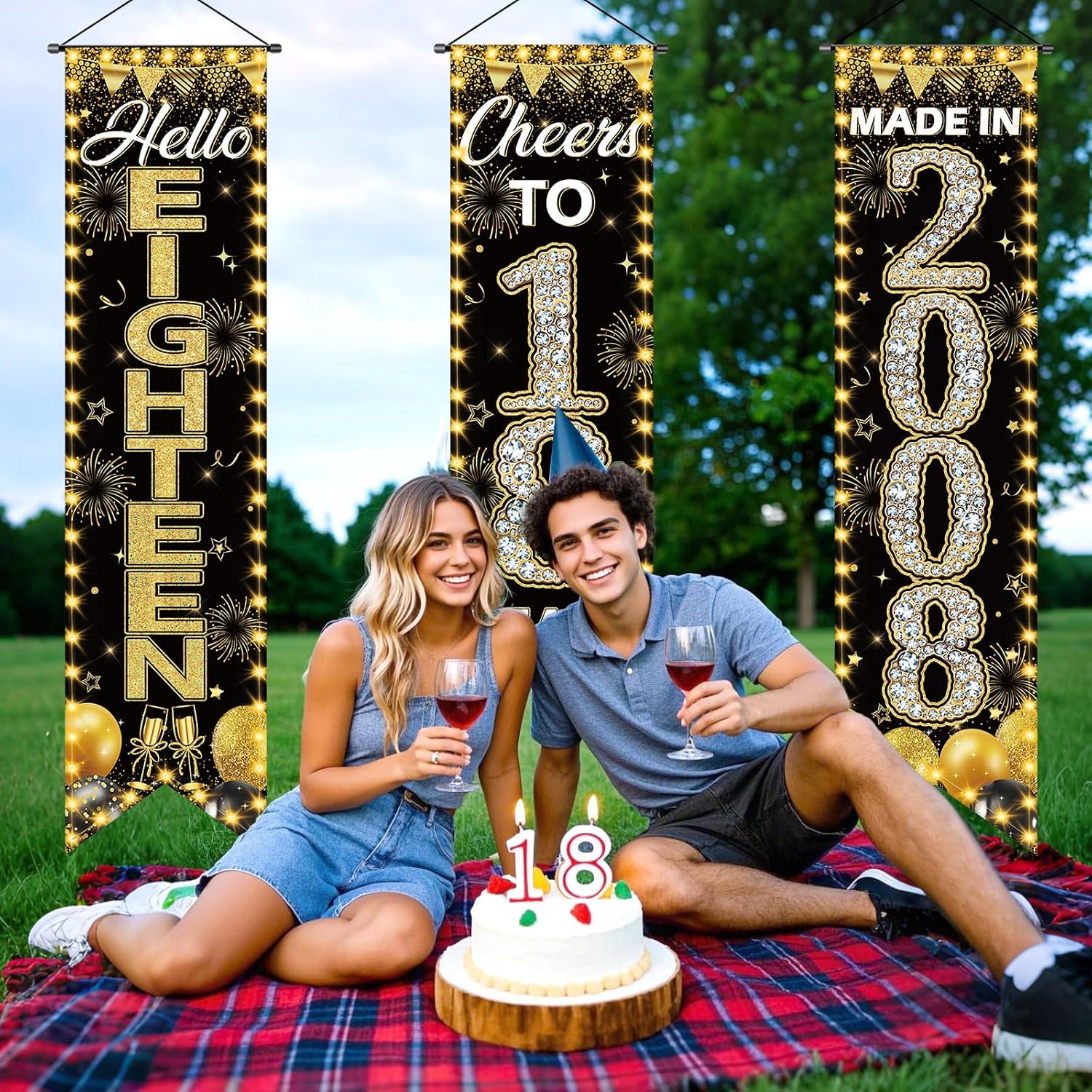 3 Pieces 18th Birthday Party Banners 18th Birthday Decorations for Men Women Black Gold 2008 Porch Signs Cheers to 18th Hanging Backdrops Black Gold Eighteen Birthday Party Door Wall Decor Supplies