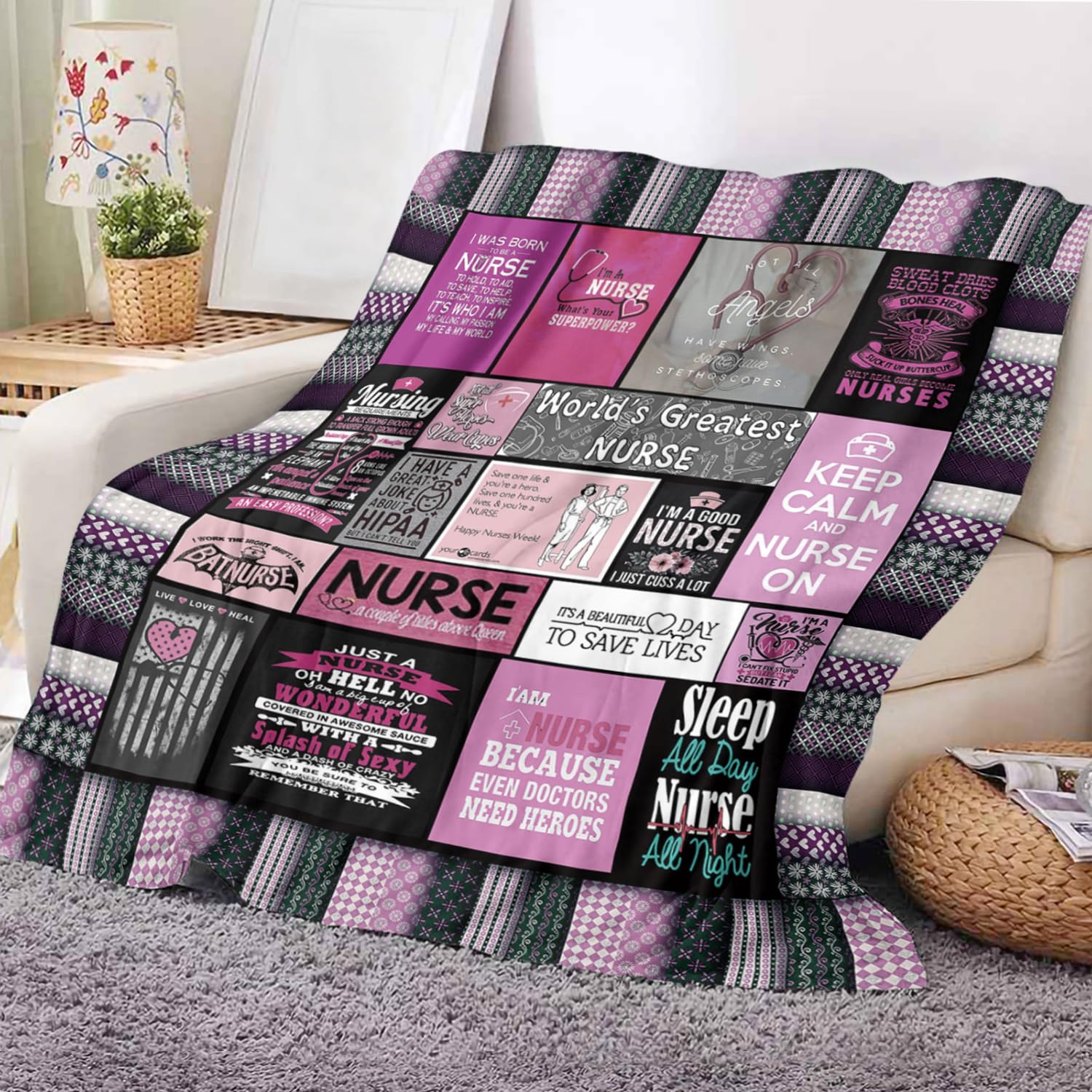 Feigong Manta ultrasuave con temática de Enfermera, Manta de Microfibra de Felpa Sherpa, Regalos para Mujeres, Enfermeras, Manta cálida y acogedora para Cama y sofá (Manta de Enfermera 04, 130 cm x