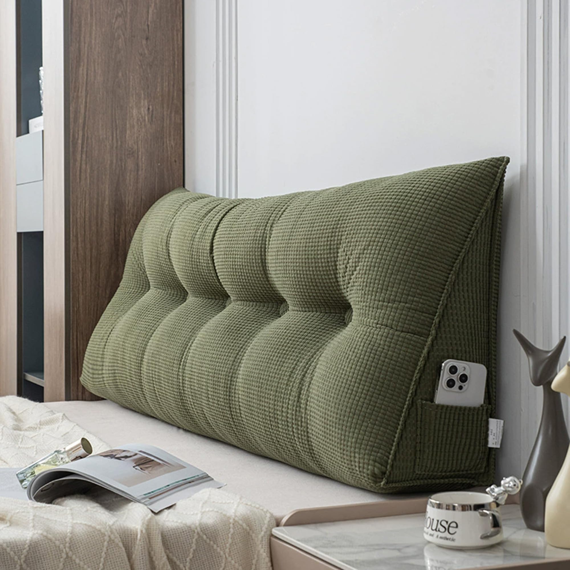 Hruile Wedge Reading Cushion for Bed, Large Headboards Pillow, Bed Backrest Positioning Support Pillow with Zipper, Back Lumbar Support Cushion for Relaxing Reading (60x50x20cm,Green)