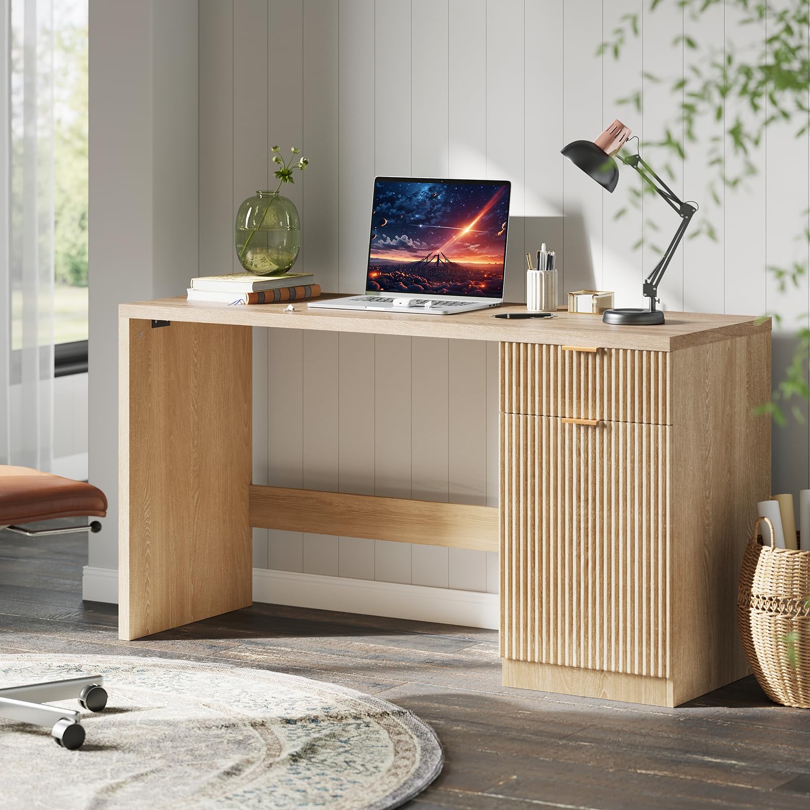 BouPower 60" Fluted Executive Desk with Drawers, Wood Computer Desk with Storage Cabinet, Home Office Desks with Storage for Study Room, Bedroom,