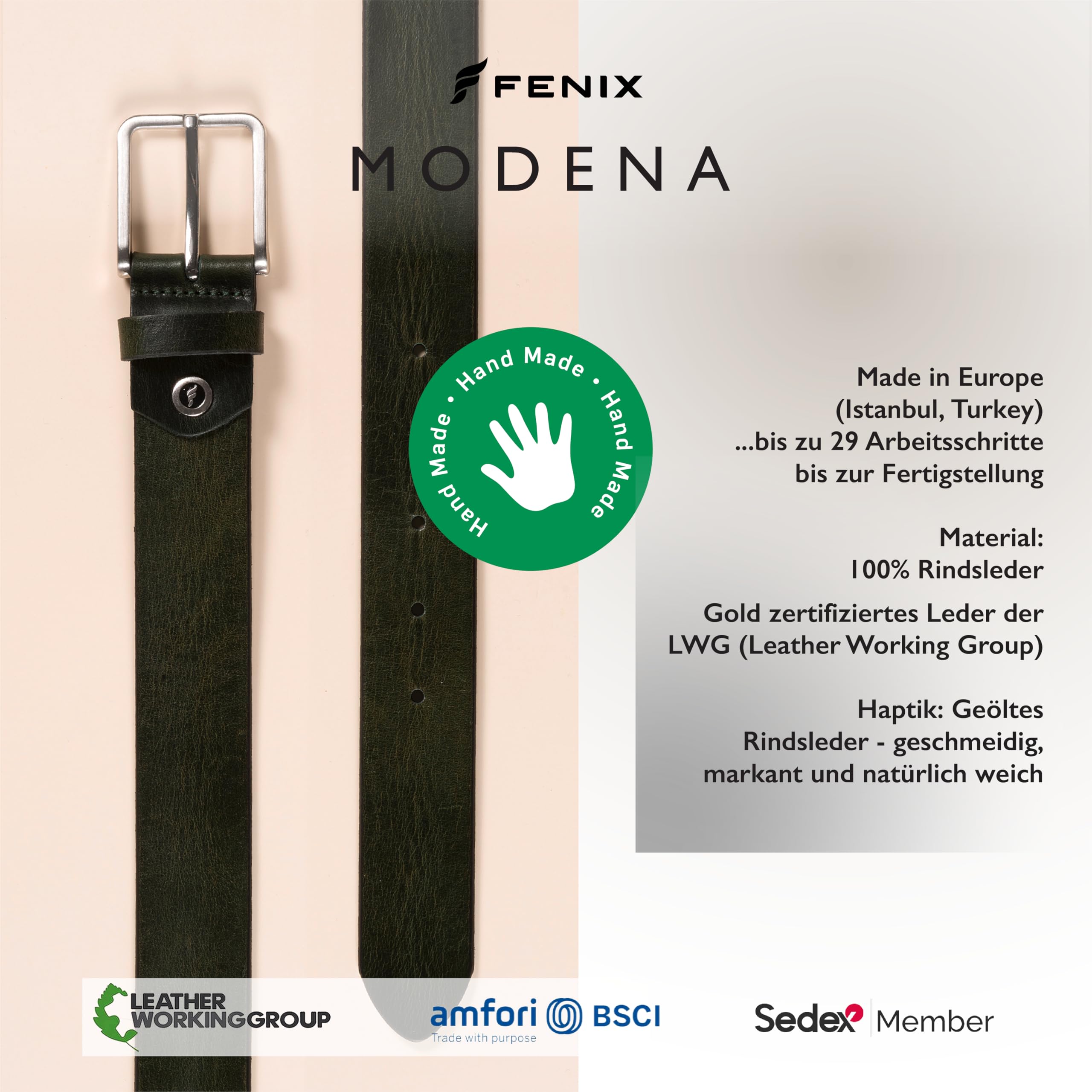 FENIX MODENA Gürtel Herren, verstellbarer Ledergürtel Fein Gebürstete Silberschließe, 35 mm breit, Gürtel aus Vollrindleder
