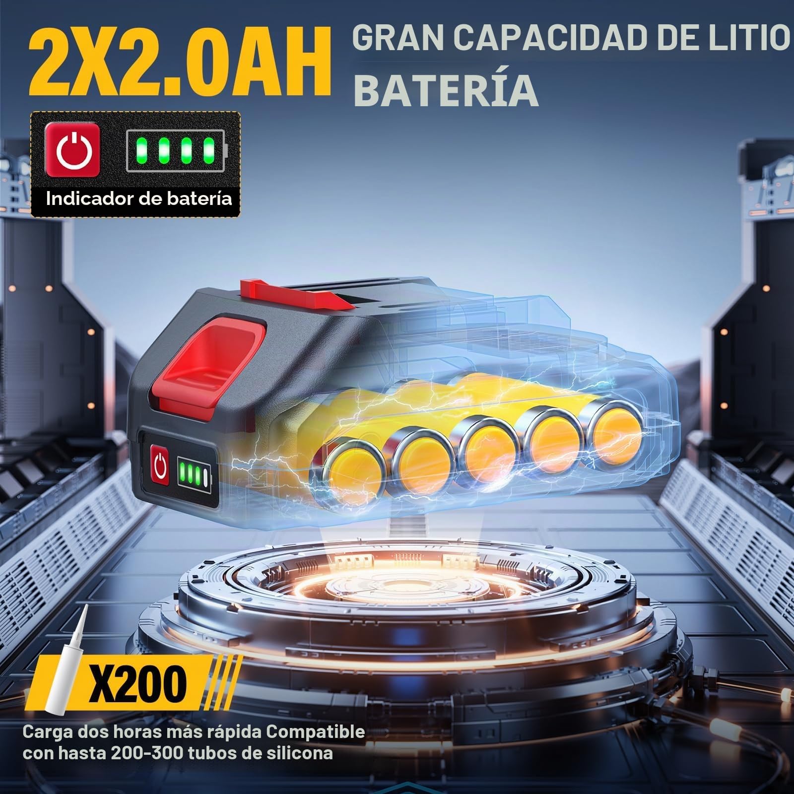 Pistola de calafateo eléctrica, 150-310 ml, Equipado con 2*baterías de 2,0 Ah, luz LED, 6velocidades ajustables, PortáTil Cemento Pistola De EléCtrica