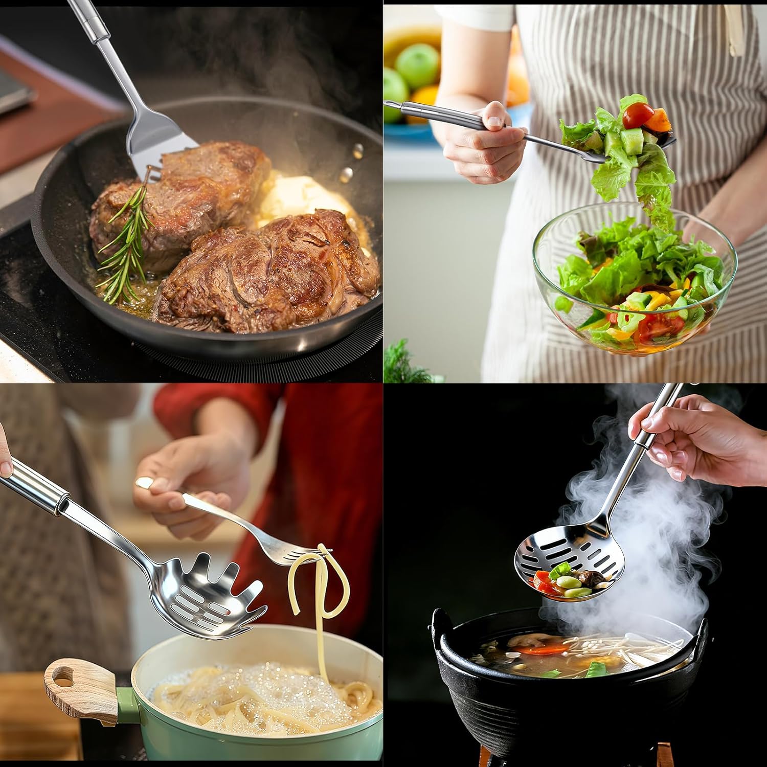 LemonRoad 9 Pcs 18/0 Stainless Steel Cooking Utensils Set Metal Kitchen Utensil Set with Holder, Dishwasher Safe, Adult Home Cooking Housewarming Daily Use