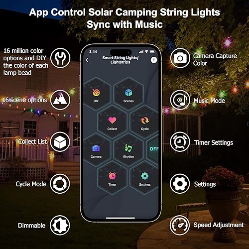 Miniatura 4 de Guirnalda de luces solares para campamento, linterna de campamento al aire libre con luces LED RGB impermeables de 16.4 pies, control de aplicación,