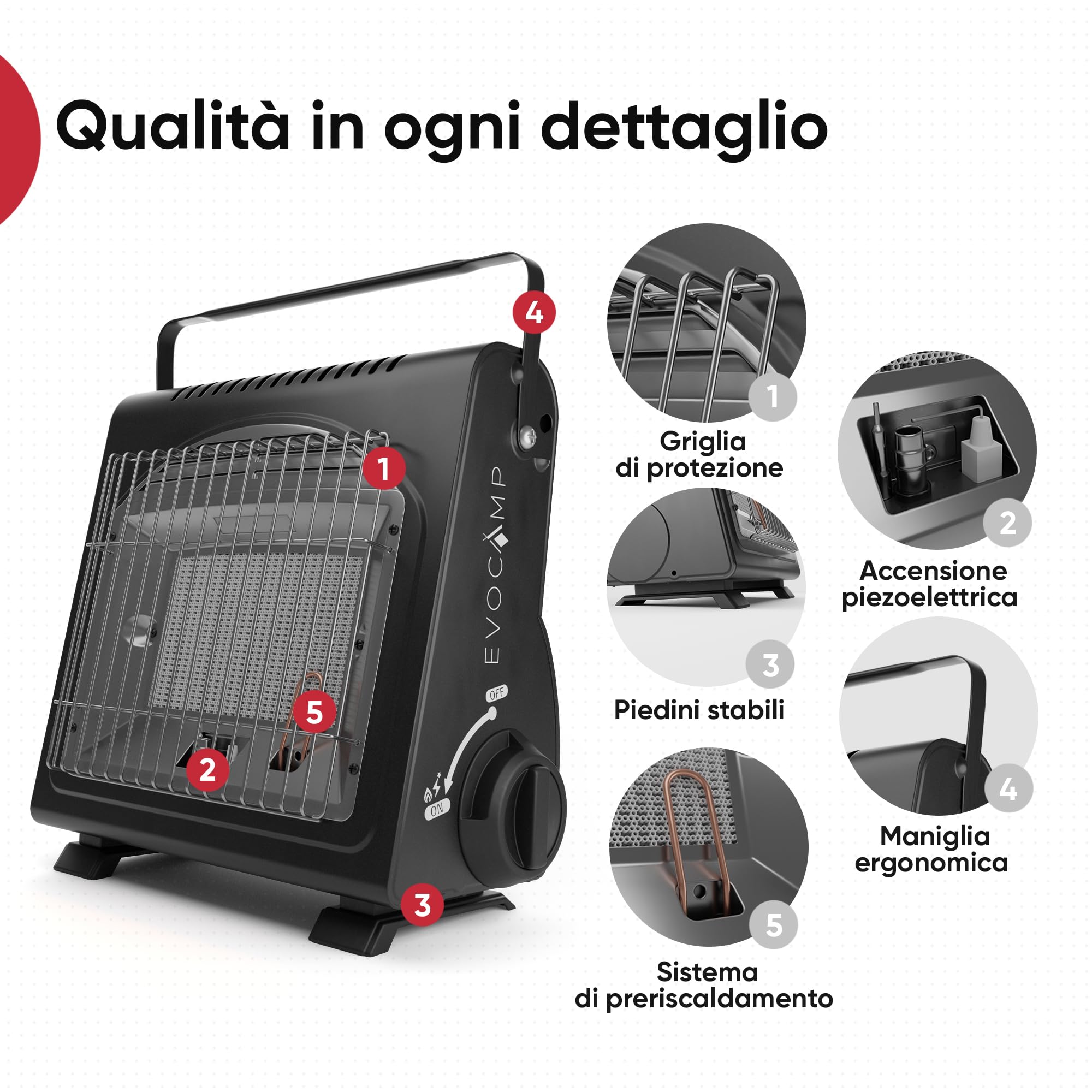 EVOCAMP Riscaldatore a gas portatile, riscaldatore da campeggio 1,7 kW, riscaldatore a gas per esterni con sistema di sicurezza contro la carenza di ossigeno (+ 4 cartucce di gas)