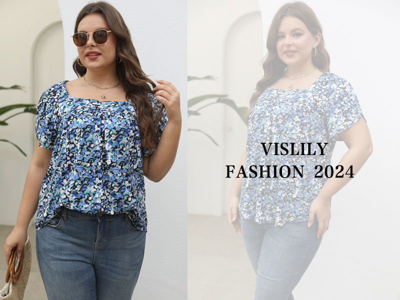 VISLILY Womens Plus Size Tops 2X Casual Petal Sleeve Shirts Floral