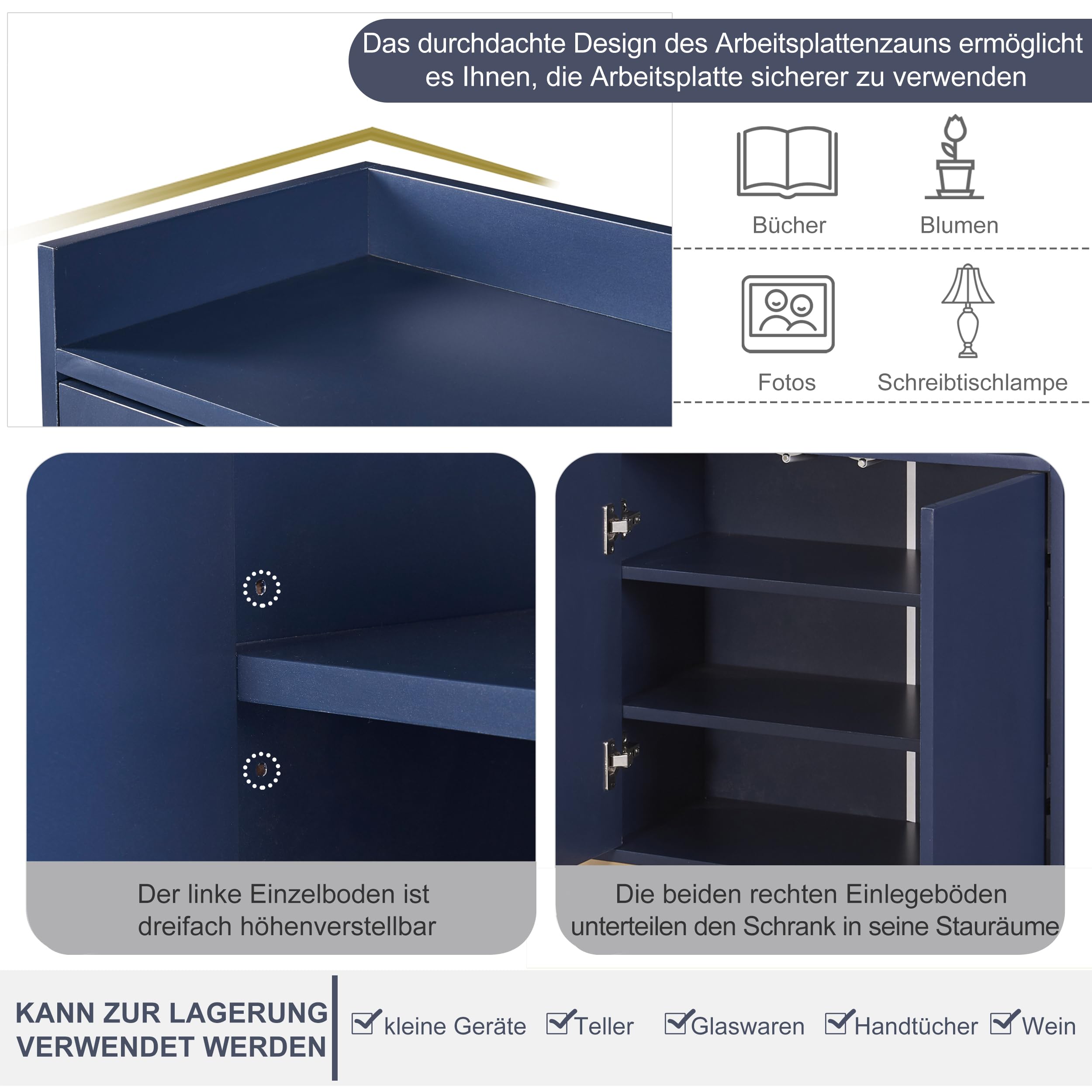 Commode 120 x 30 x 80 cm, dressoir met 4-deurs greeploos, buffetkast met metalen poten en verstelbare planken, opbergkast geschikt voor eetkamer, woonkamer, keuken (wit