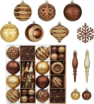 Hollyone Brown and Gold Christmas Balls Ornaments Set, 50pcs Large Glitter Shatterproof Christmas Snowflakes Ornaments Bulk Decoration Hanging Ball for Xmas Tree Wreath Garland Wedding Home Decor
