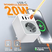 TESSAN USA utazási adapter 20W, 2 USB-C 2 USB-A, gyorstöltés, EU-USA típus B dugó - EU to US 4USB, White 4