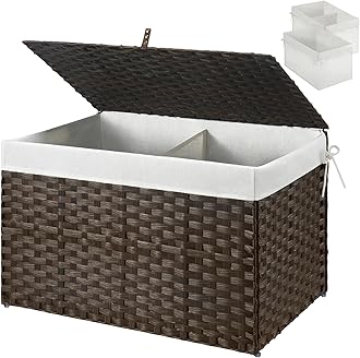 Storage Basket with Lid, 17.2 Gallon(65L) Small Wicker Blanket Storage Basket with Handles, Foldable, 2 Removable Liner Bags, Metal Frame, for Bedroom, Laundry Room, Brown,22.2"*13.4"*13.4"