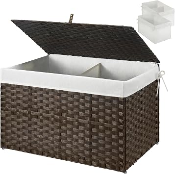 GREENSTELL Storage Basket with Lid, 17.2 Gallon65L Small Wicker Blanket Storage Basket with Handles, Foldable, 2 Removable Liner Bags, Metal Frame, for Bedroom, Laundry Room, Brown,22.2"*13.4"*13.4"