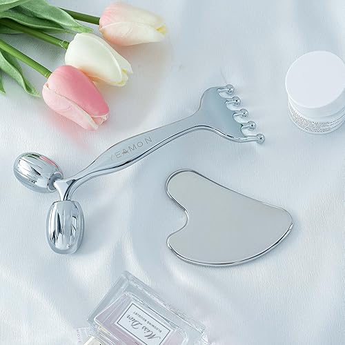 Miniatura 7 de Juego de herramientas de masaje para aliviar el dolor, raspador Gua Sha de acero inoxidable y rodillo facial de doble extremo para tensión muscular,